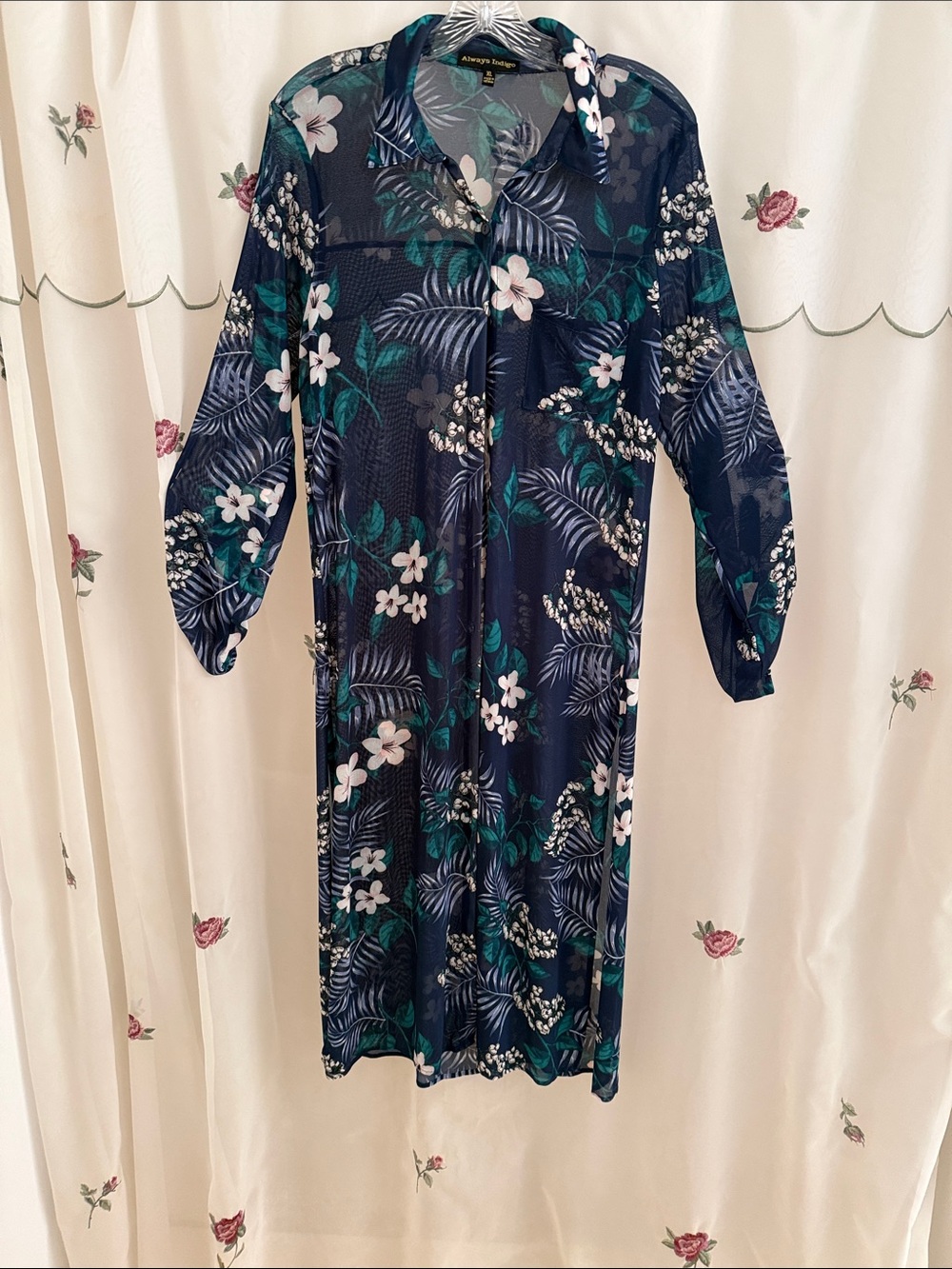 Navy Tropical Floral Long-Sleeve Dress